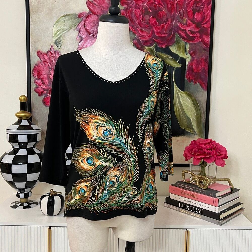 Valentina Signa Women's Bling Studded Peacock Feather 3/4 Sleeve Top Black Small